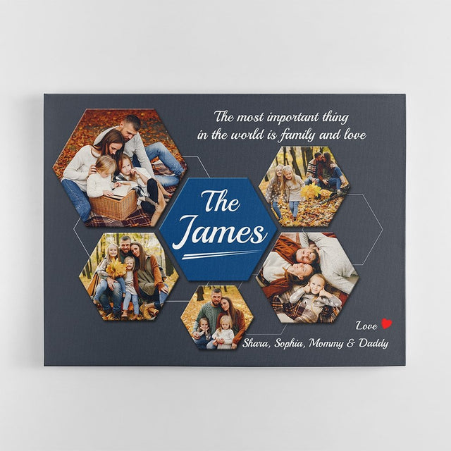 Family Custom Photo Collage - Personalized Navy Vintage Background Canvas