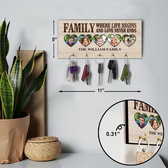 Family Where Life Begins And Love Never Ends, Custom Key Hook, Personalized Photo And Name