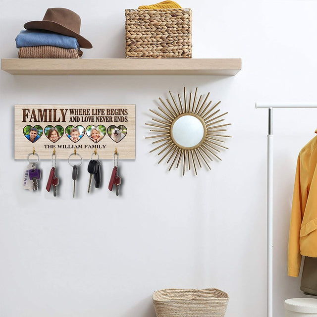 Family Where Life Begins And Love Never Ends, Custom Key Hook, Personalized Photo And Name