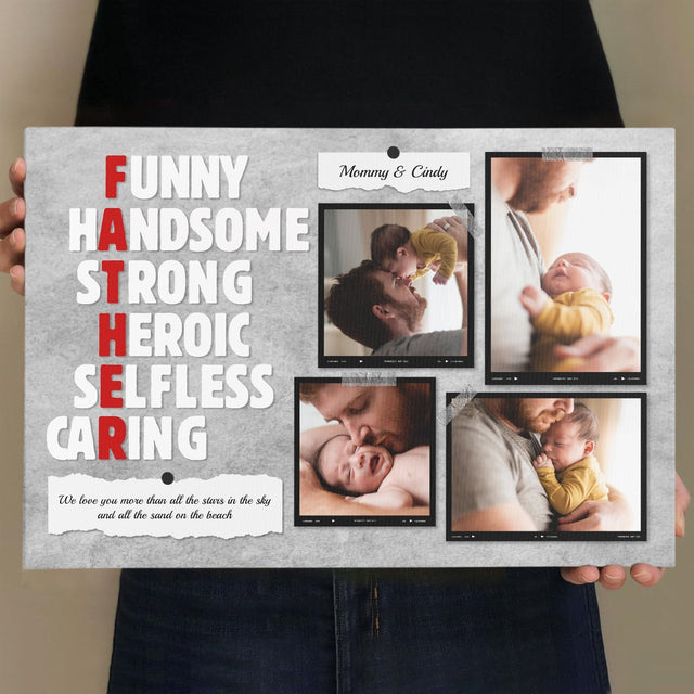 Father, Funny, Handsome, Strong, Heroic, Selfless, Caring, Custom Photo, Personalized Name And Text Canvas Wall Art
