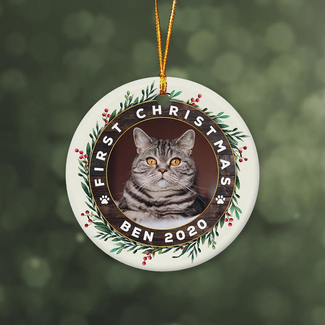 First Christmas Custom Photo And Cat Name Decorative Christmas Circle Ornament 2 Sided