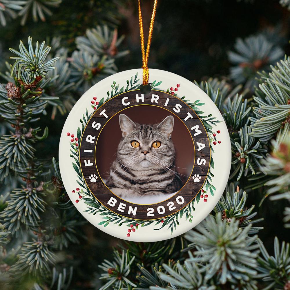 First Christmas Custom Photo And Cat Name Decorative Christmas Circle Ornament 2 Sided