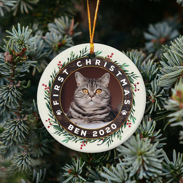 First Christmas Custom Photo And Cat Name Decorative Christmas Circle Ornament 2 Sided