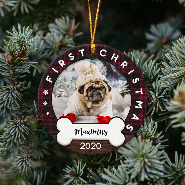 First Christmas Custom Photo And Dog Name Decorative Christmas Circle Ornament 2 Sided