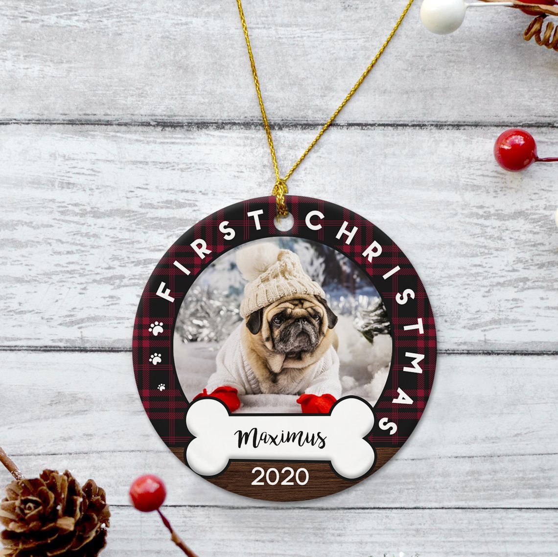 First Christmas Custom Photo And Dog Name Decorative Christmas Circle Ornament 2 Sided