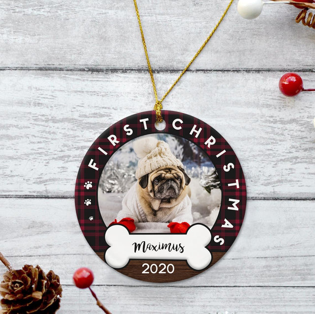 First Christmas Custom Photo And Dog Name Decorative Christmas Circle Ornament 2 Sided