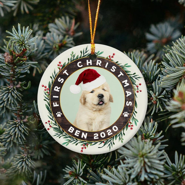 First Christmas Custom Photo And Dog Name Decorative Christmas Circle Ornament 2 Sided