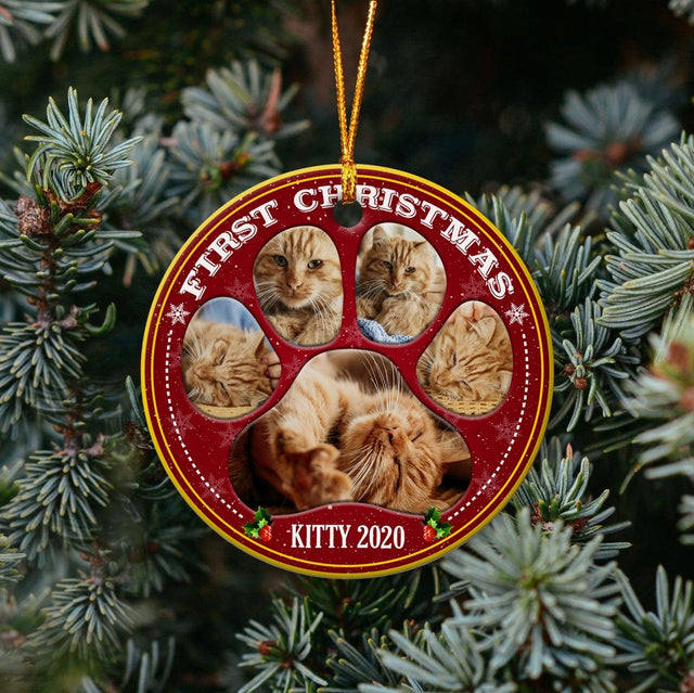 First Christmas Custom Photo On Cat Paw Decorative Christmas Circle Ornament 2 Sided