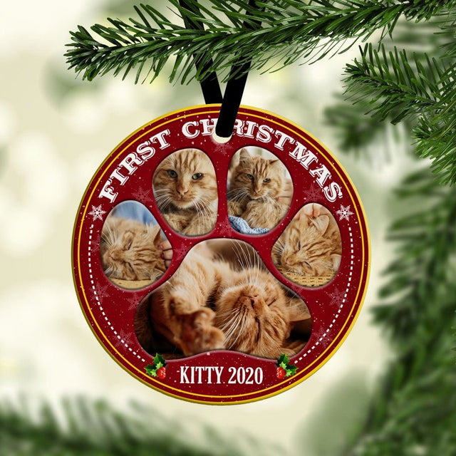 First Christmas Custom Photo On Cat Paw Decorative Christmas Circle Ornament 2 Sided