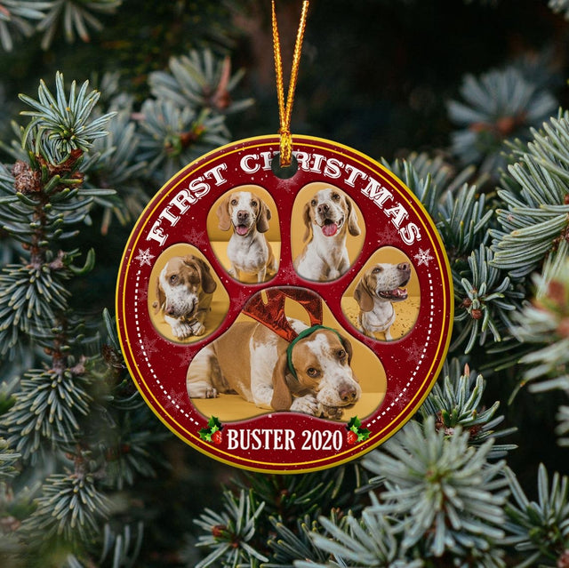 First Christmas Custom Photo On Dog Paw Decorative Christmas Circle Ornament 2 Sided