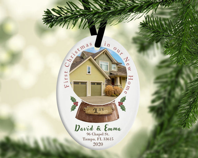 First Christmas In Our New Home Custom Photo And Text Decorative Christmas Oval Ornament 2 Sided