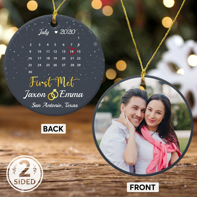 First Met Custom Photo, Date And Text Anniversary Gift Navy Background Decorative Christmas Circle Ornament 2 Sided