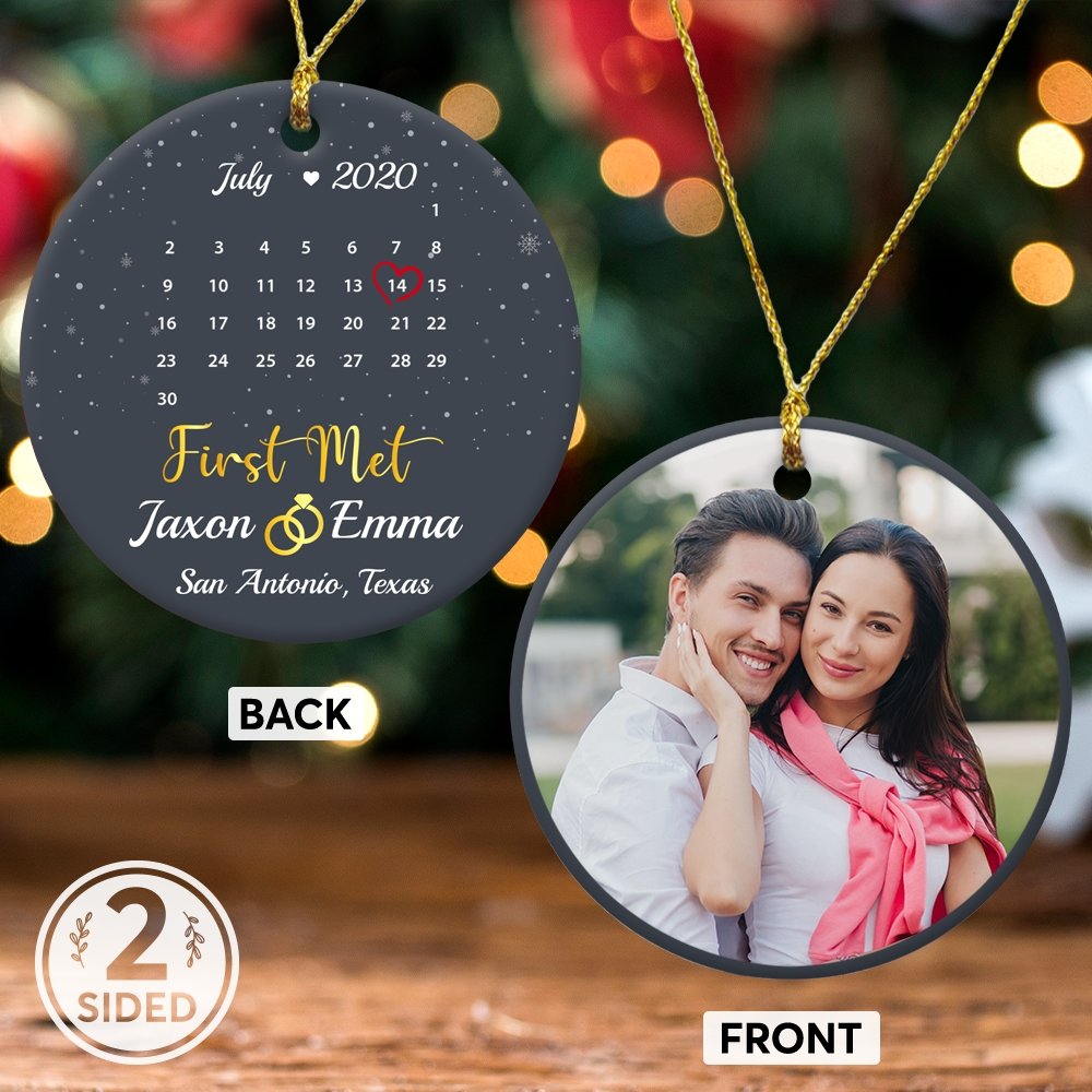 First Met Custom Photo, Date And Text Anniversary Gift Navy Background Decorative Christmas Circle Ornament 2 Sided
