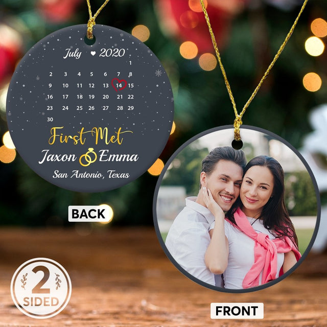 First Met Custom Photo, Date And Text Anniversary Gift Navy Background Decorative Christmas Circle Ornament 2 Sided