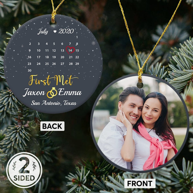 First Met Custom Photo, Date And Text Anniversary Gift Navy Background Decorative Christmas Circle Ornament 2 Sided