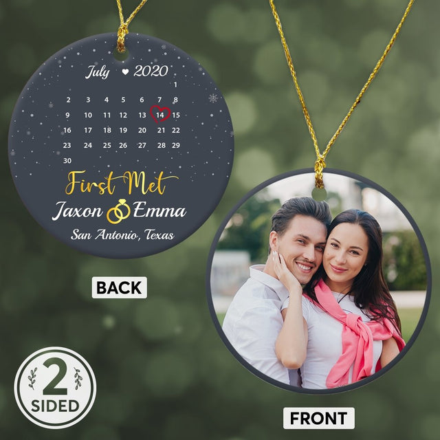 First Met Custom Photo, Date And Text Anniversary Gift Navy Background Decorative Christmas Circle Ornament 2 Sided
