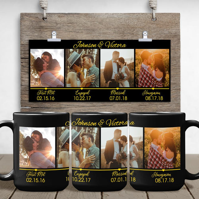 First Met, Engaged, Married, Honeymoon Custom Photo Collage Black Mug