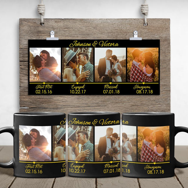 First Met, Engaged, Married, Honeymoon Custom Photo Collage Black Mug
