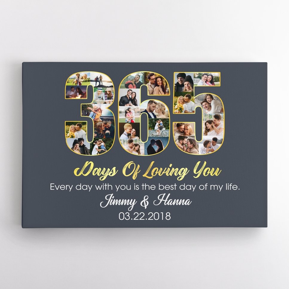 First Wedding Anniversary 365 Days Of Loving You Custom Photo Collage And Text Navy Background Canvas