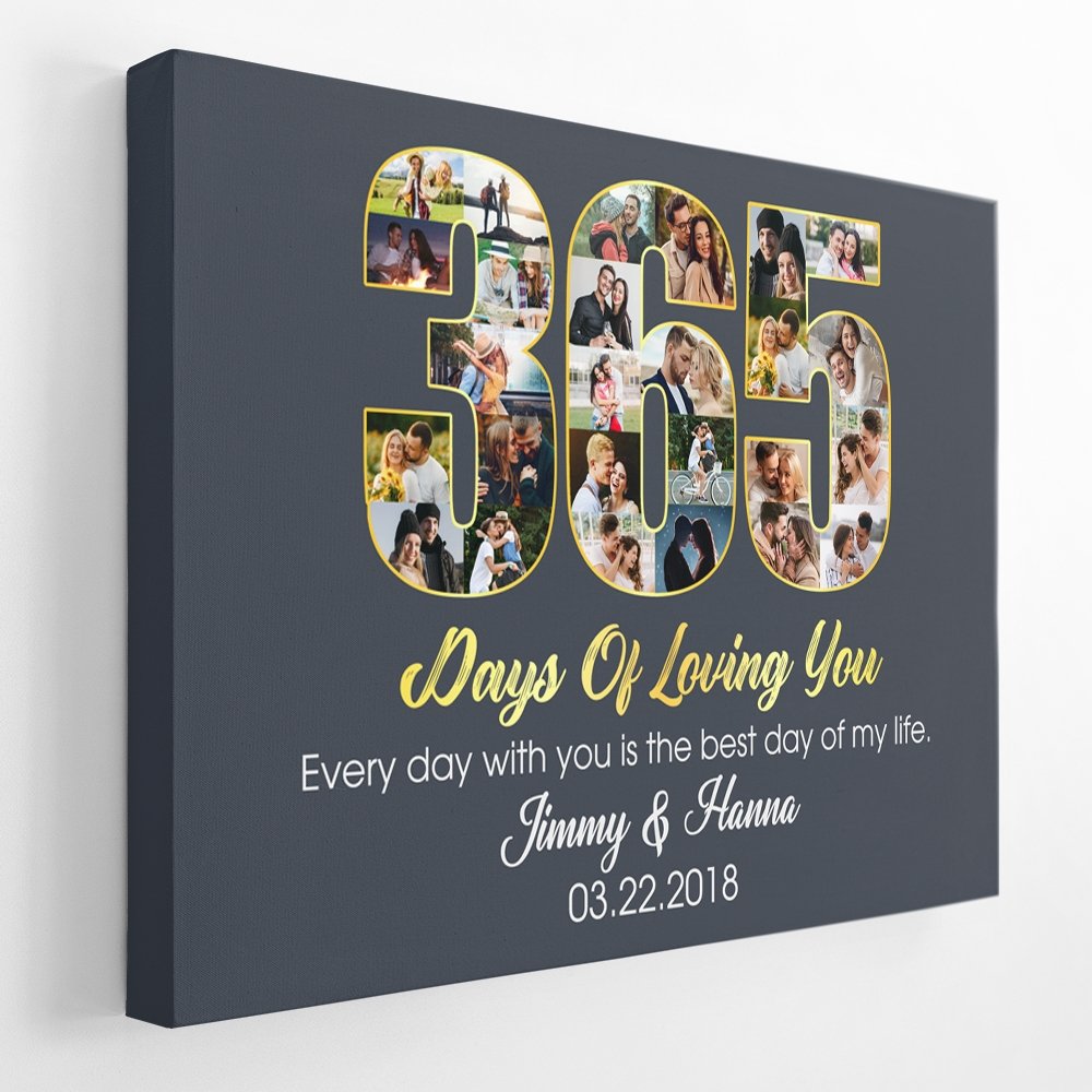 First Wedding Anniversary 365 Days Of Loving You Custom Photo Collage And Text Navy Background Canvas