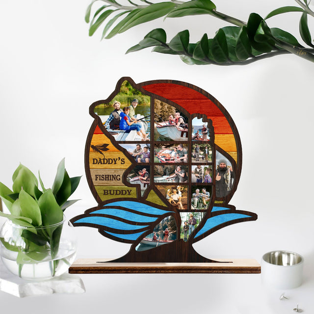 Fishing, Custom Photo, Fish Shape, Retro Sunset, Wooden Plaque 3 Layers