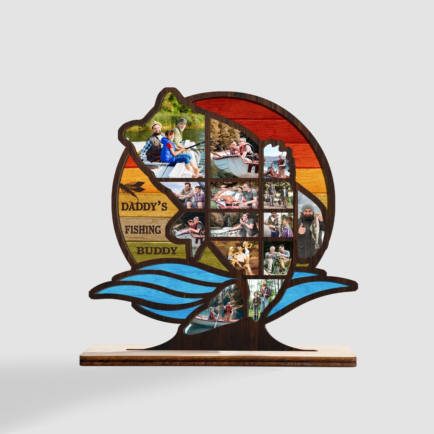 Fishing, Custom Photo, Fish Shape, Retro Sunset, Wooden Plaque 3 Layers