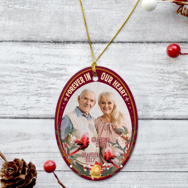 Forever In Our Heart Custom Upload Photo Memorial Cardinal Decorative Christmas Oval Ornament 2 Sided