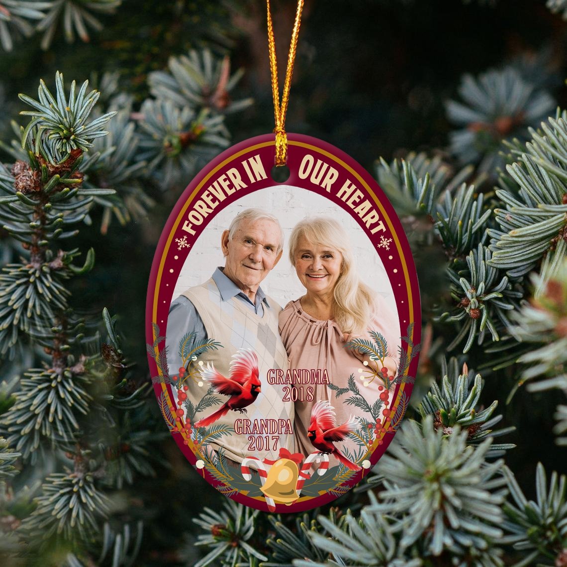 Forever In Our Heart Custom Upload Photo Memorial Cardinal Decorative Christmas Oval Ornament 2 Sided