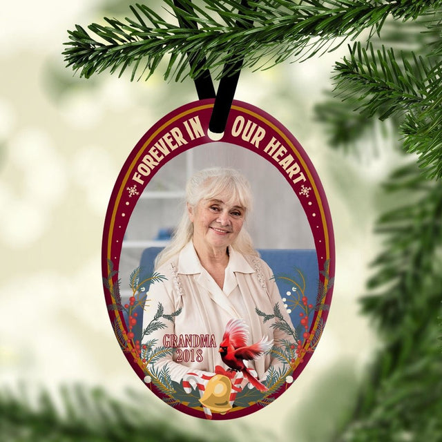 Forever In Our Heart Custom Upload Photo Memorial Cardinal Decorative Christmas Oval Ornament 2 Sided