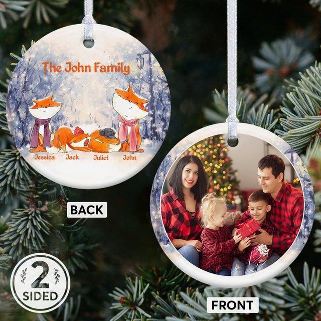 Fox Family Custom Photo And Text Decorative Christmas Circle Ornament 2 Sided