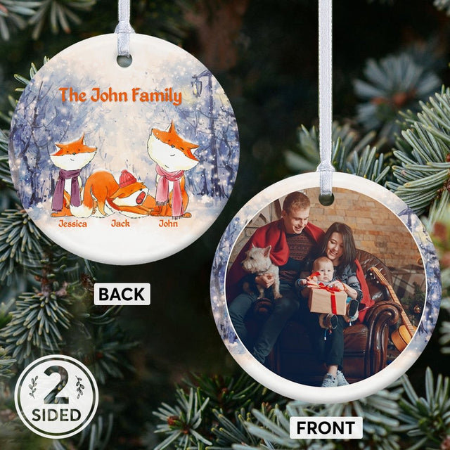 Fox Family Custom Photo And Text Decorative Christmas Circle Ornament 2 Sided