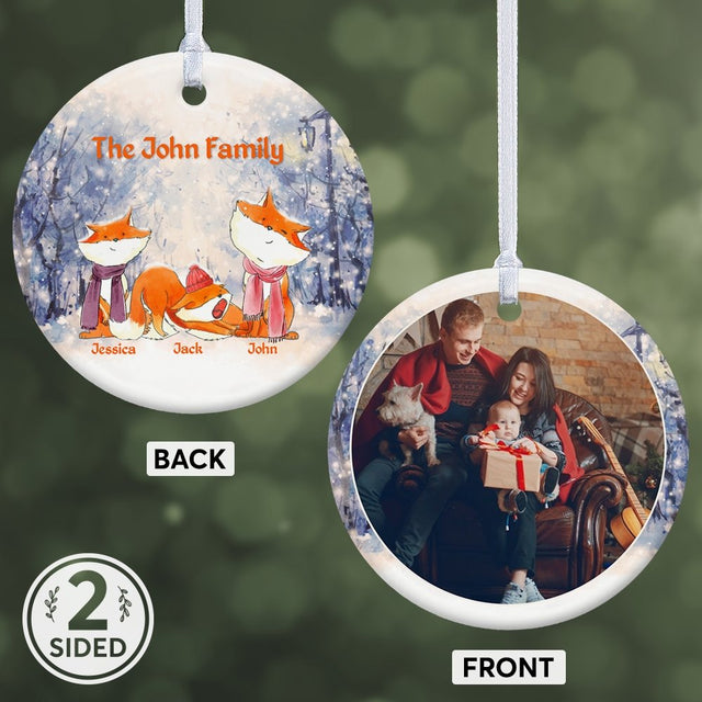 Fox Family Custom Photo And Text Decorative Christmas Circle Ornament 2 Sided