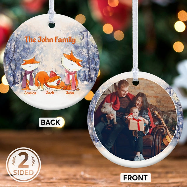 Fox Family Custom Photo And Text Decorative Christmas Circle Ornament 2 Sided