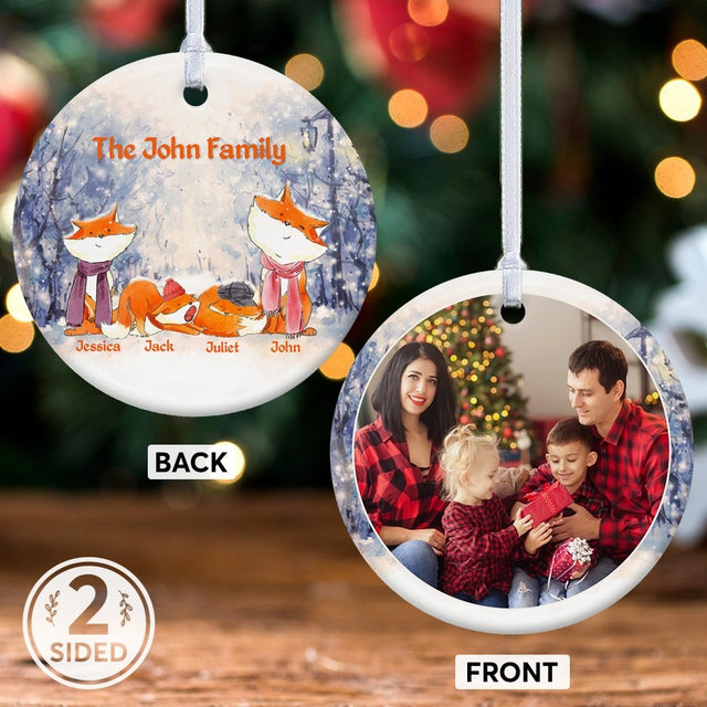 Fox Family Custom Photo And Text Decorative Christmas Circle Ornament 2 Sided