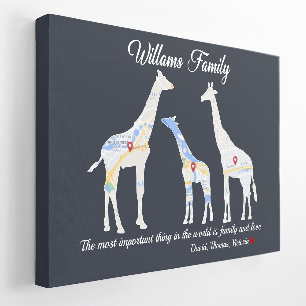 Giraffe Family, Custom Map Print, Personalized Family Name And Text Canvas Wall Art