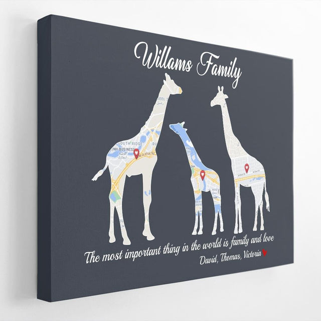 Giraffe Family, Custom Map Print, Personalized Family Name And Text Canvas Wall Art