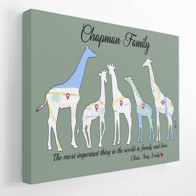 Giraffe Family, Custom Map Print, Personalized Family Name And Text Canvas Wall Art