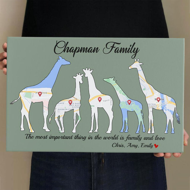 Giraffe Family, Custom Map Print, Personalized Family Name And Text Canvas Wall Art