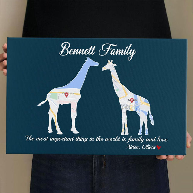 Giraffe Family, Custom Map Print, Personalized Family Name And Text Canvas Wall Art