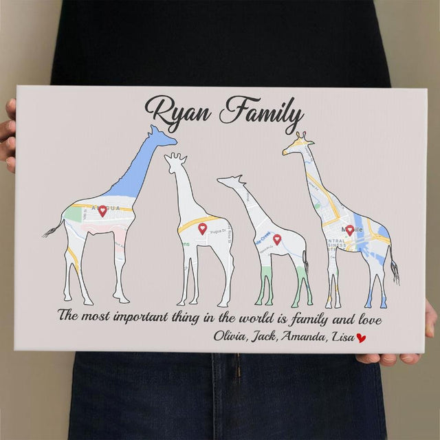 Giraffe Family, Custom Map Print, Personalized Family Name And Text Canvas Wall Art