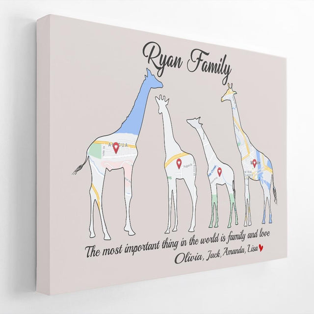 Giraffe Family, Custom Map Print, Personalized Family Name And Text Canvas Wall Art