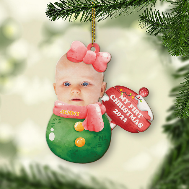 Custom Photo, Personalized Name And Text, Ornament For Baby, Baby's First Christmas, Christmas Girl Roly-Poly, Christmas Shape Ornament 2 Sides
