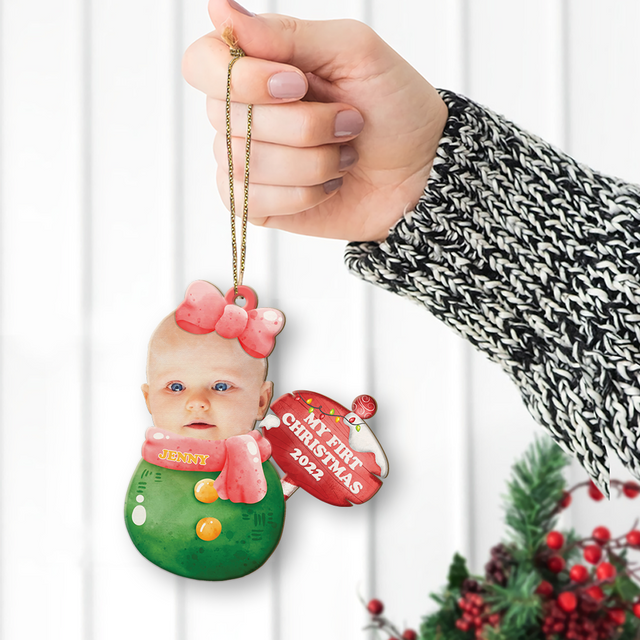 Custom Photo, Personalized Name And Text, Ornament For Baby, Baby's First Christmas, Christmas Girl Roly-Poly, Christmas Shape Ornament 2 Sides