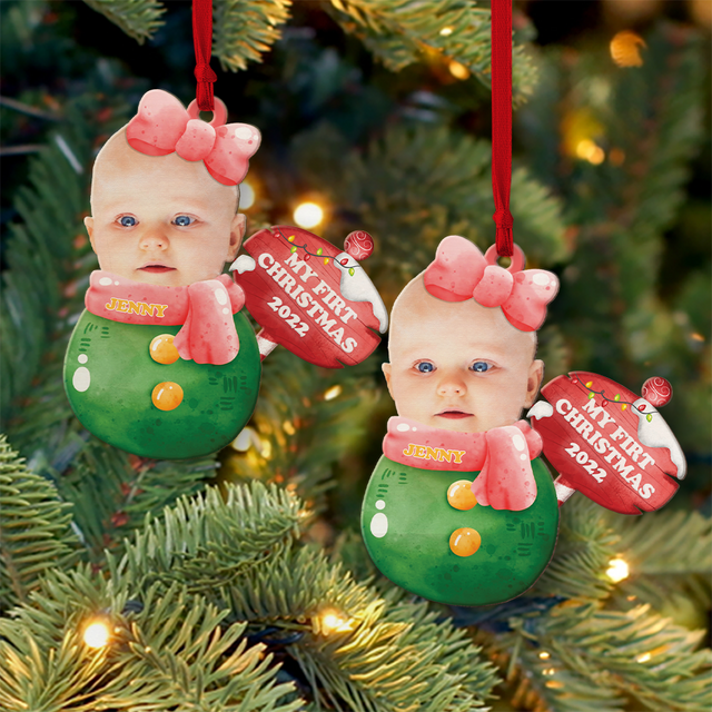 Custom Photo, Personalized Name And Text, Ornament For Baby, Baby's First Christmas, Christmas Girl Roly-Poly, Christmas Shape Ornament 2 Sides