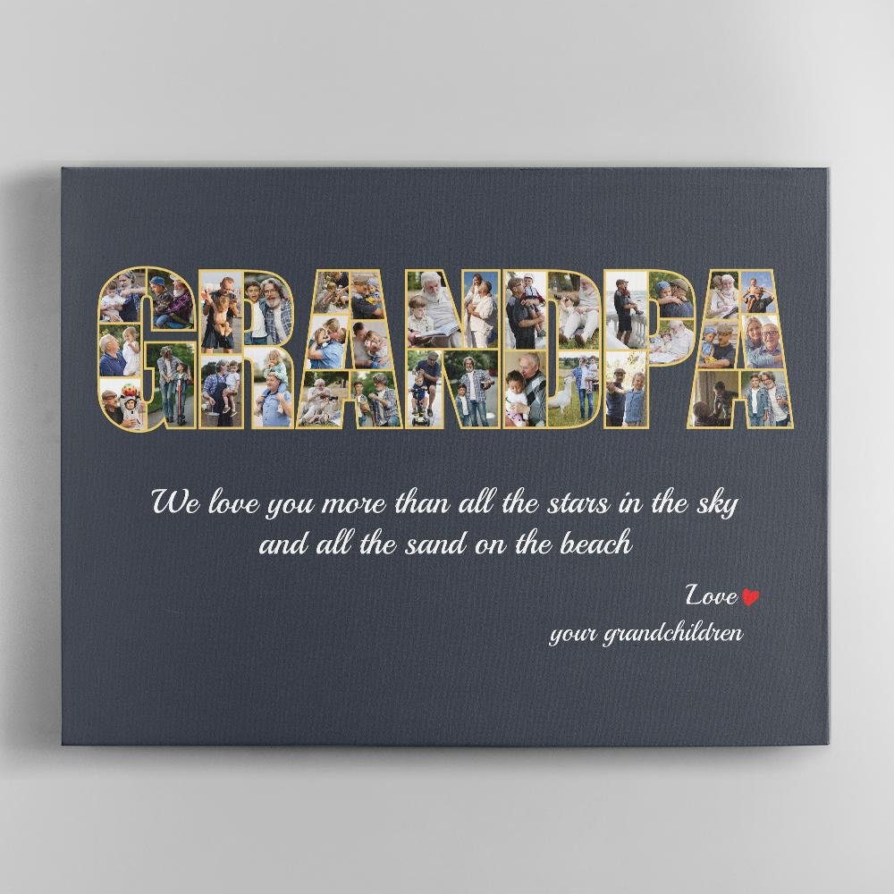 Grandpa Custom Photo Collage, 33 Pictures, Personalized Name And Text Canvas Wall Art