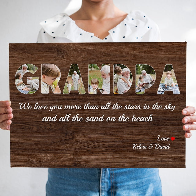 Grandpa Custom Photo - Personalized Dark Wood Background Canvas