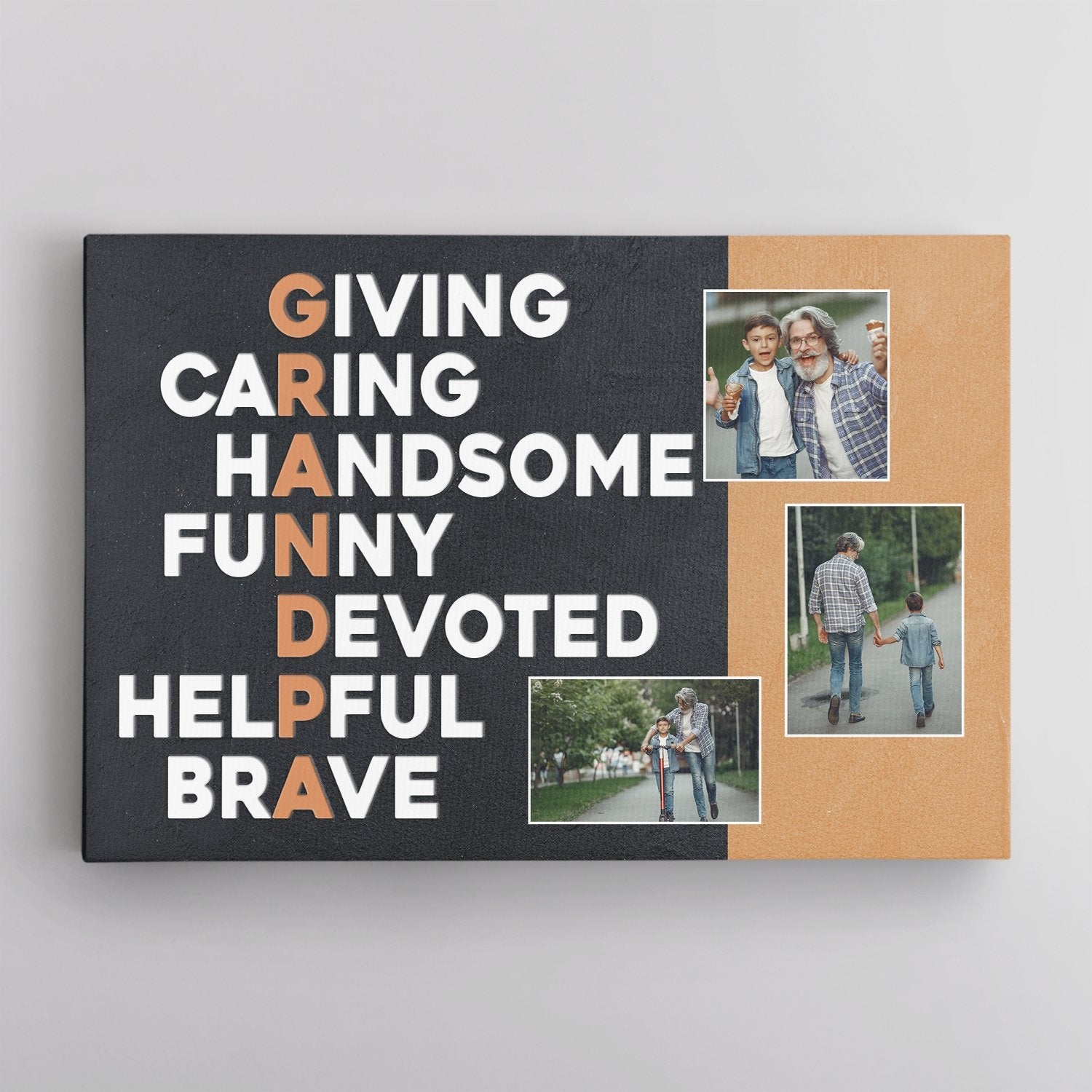 Grandpa, Giving, Caring, Handsome, Funny, Devoted, Helpful, Brave, Custom Photo, Custom Text Canvas Wall Art