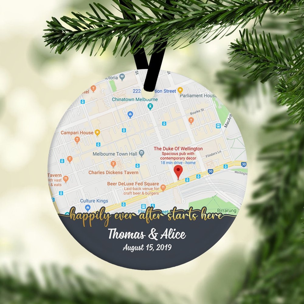 Happily Ever After Starts Here Custom Anniversary Gift For Couples Personalized Map Decorative Christmas Circle Ornament 2 Sided
