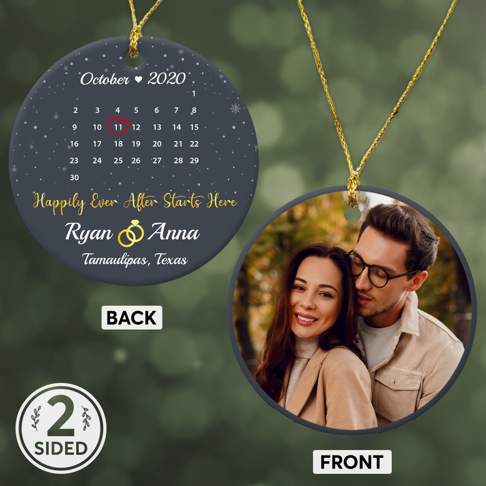 Happily Ever After Starts Here Custom Photo, Date And Text Anniversary Gift Navy Background Decorative Christmas Circle Ornament 2 Sided