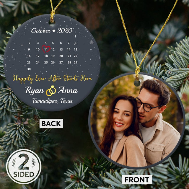 Happily Ever After Starts Here Custom Photo, Date And Text Anniversary Gift Navy Background Decorative Christmas Circle Ornament 2 Sided